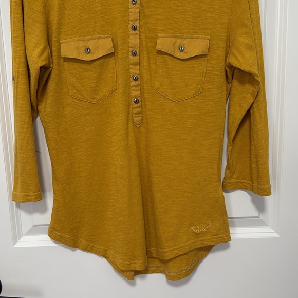 Kuhl Yellow Mustard Organic Blend Cotton 3/4 Sleeve Roll Up Tab Henley Shirt M - Picture 4 of 9